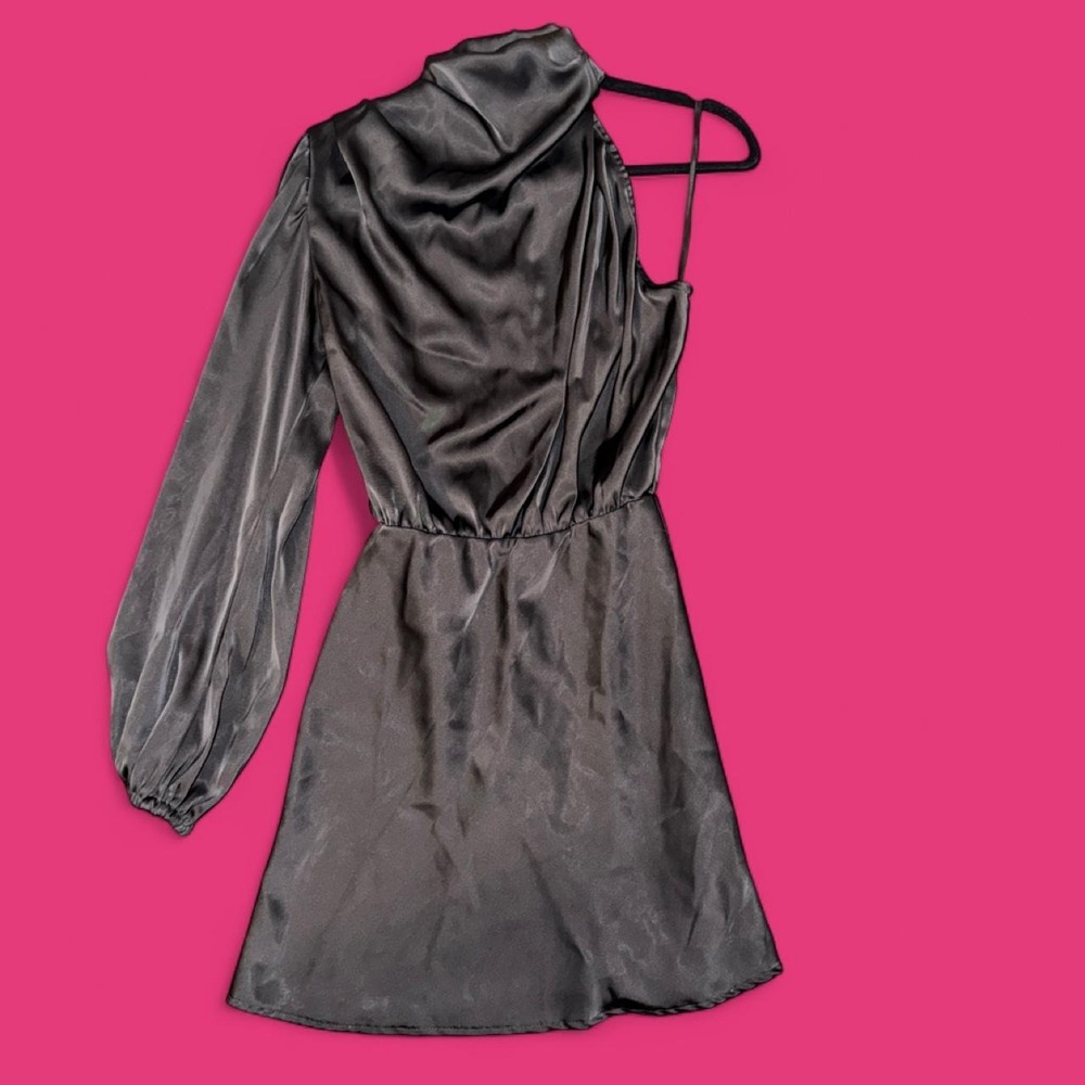 Hello Molly Black Satin One Shoulder Mini Dress Size Small